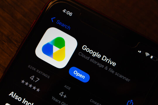 Mexico City, MEXICO - Jul 28 2026 : Close-up of a smartphone showing the App Store page for Google Drive with the redesigned gradient app icon and the subtitle Cloud storage and file scanner.
