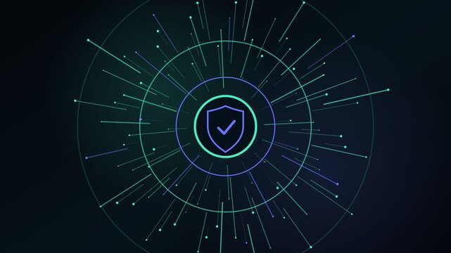 Digital shield icon with a checkmark symbolizing data protection and online safety, surrounded by animated glowing particles and lines representing network security and information flow