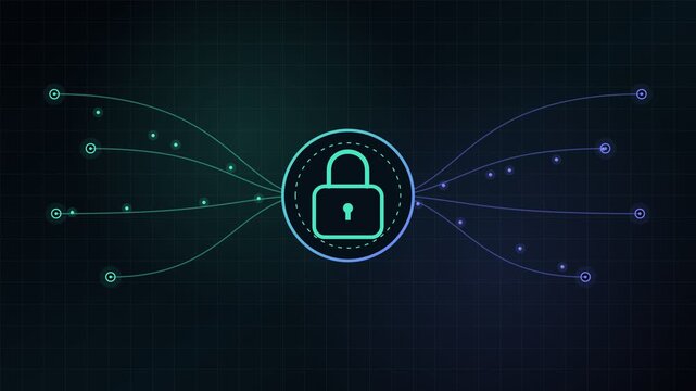 Digital animation of a padlock icon representing cybersecurity. With data packets flowing through a secure network hub on a dark technological background with a grid