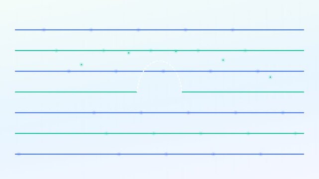Minimalist abstract animation showing small particles moving across a grid of parallel lines, interacting with a subtle semicircular energy field that deforms the lines on a light background