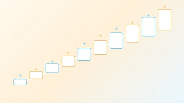 Minimalistic infographic animation with ten blank rectangular steps connected in an ascending diagonal line, representing a business timeline, process, or workflow on a softly textured background