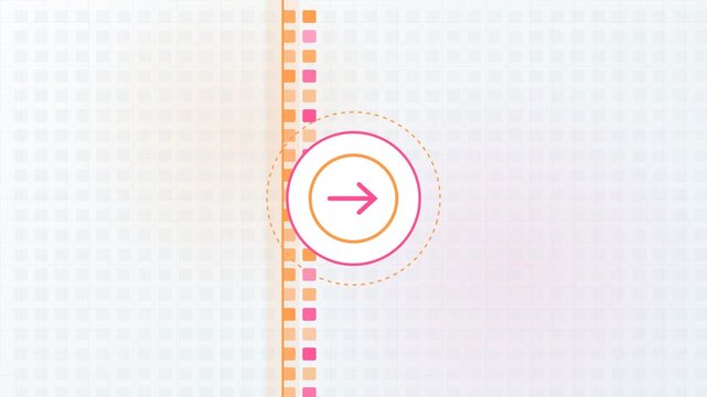 Minimalist animated design showing a right-pointing arrow icon within a pulsating circle, representing progress, movement, and direction over a clean, gridded white background