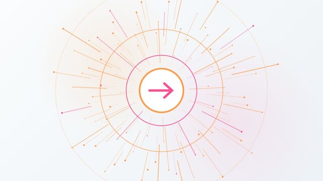 Animated abstract technology background with a central arrow icon and radiating lines and dots representing network connections, data flow, or forward progress on a clean white background