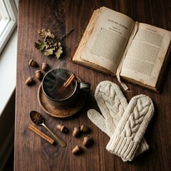 Fototapeta premium Open book and knit mittens with warm autumn drink.