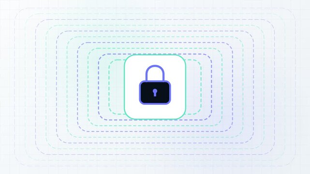 Animated padlock icon symbolizing cybersecurity and data protection, with concentric lines radiating outwards on a clean white background, representing a secure network and privacy concepts