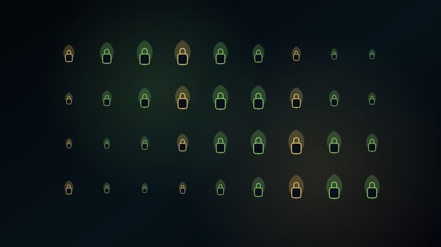 Rows of animated digital padlock icons flashing on a dark background, representing concepts of cybersecurity, data protection, network safety, and information privacy in the digital world