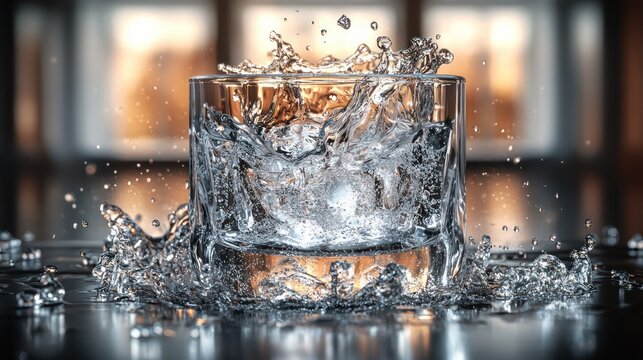 Water splashing in glass, bar background, drink ad