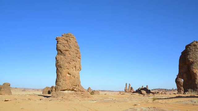 Unusual rocky columns formations in Saudi Arabia desert, Al Gharameel - place that looks like different planet
