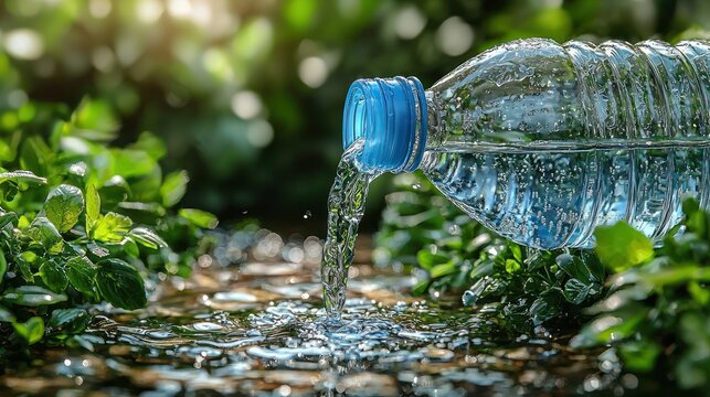 Plastic bottle pouring water, nature background, stream, sustainability