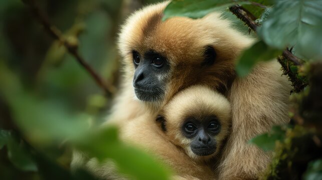 Mother and baby gibbon primates nestled closely in lush green jungle foliage with soft natural light