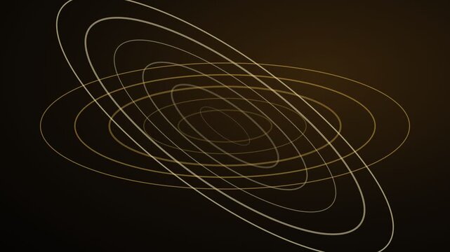 Luminous golden elliptical lines creating an abstract and dynamic pattern, elegantly rotating and twisting against a dark, sophisticated background, suitable for technology and science concepts