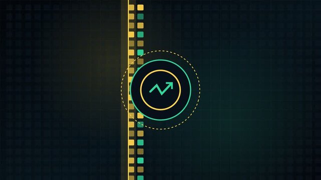 Digital animation showing a rising arrow graph icon, symbolizing financial growth and market success, with dynamic elements moving across a gridded background representing data and statistics