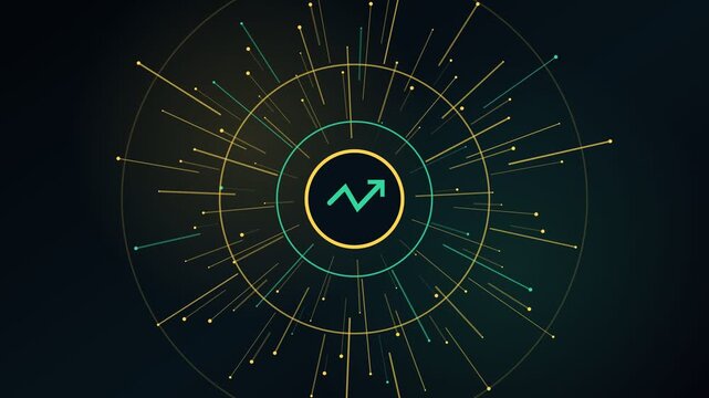 Abstract animation showing a central growth arrow symbol with radial lines and dots, representing digital connection, financial markets, data analysis, and technological innovation