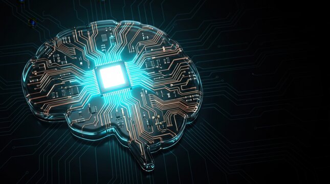 A glowing central processing unit powers a futuristic brain made of integrated circuits against a dark background, symbolizing artificial intelligence