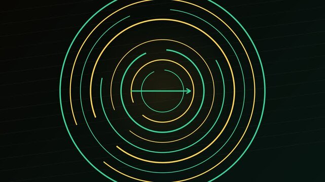 Futuristic abstract green and yellow neon dashed circles rotating around a central axis on a dark background, creating a seamless and hypnotic looping animation for technology concepts