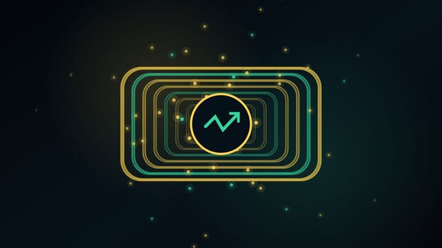 Animated financial growth chart icon moving through a futuristic tunnel of light with glowing particles. Symbolizing stock market success. Business development