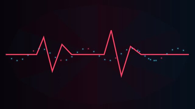 Digital heart rate monitor displaying an ekg signal with a glowing red line and flickering dots, showing the electrical activity of the heart on a dark background for medical analysis