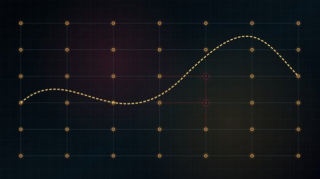 Animated chart showing financial data with a fluctuating curve on a dark grid, representing stock market trends, economic growth analysis, and business statistics for a futuristic infographic