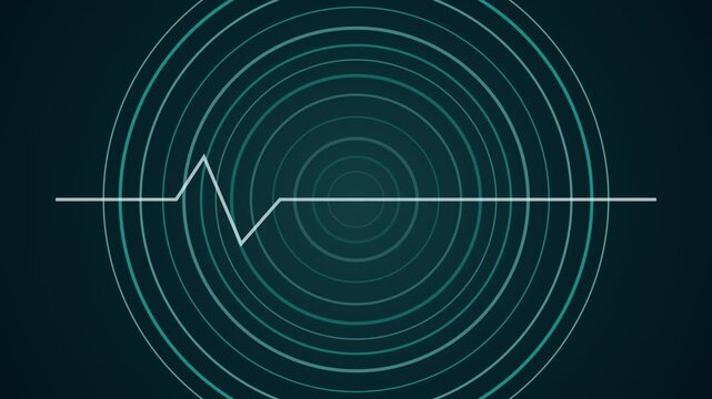 Animated electrocardiogram displaying a single heartbeat with radiating concentric circles in the background, representing medical technology, vital signs monitoring, and cardiovascular health