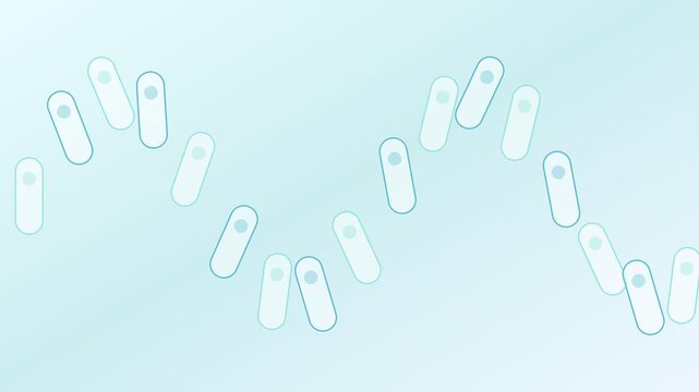 Seamless looping animation of microscopic organisms. Such as bacteria or microbes. Moving and propagating in a stylized sine wave pattern on a light blue gradient background