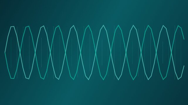 Two abstract sine waves moving in opposite directions, creating an intertwining pattern on a dark turquoise background. Futuristic concept of frequency, signal, and digital data