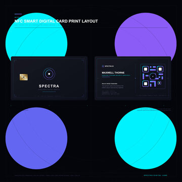 High-tech NFC smart digital business card presentation layout featuring modern QR code and microchip graphics