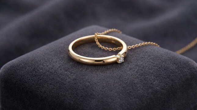 Gold ring with diamond on chain displayed on black velvet background  