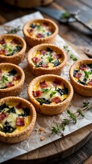 Mini quiches individuales con bacon, queso y espinacas servidos sobre una tabla de madera © maite