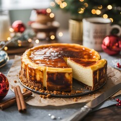 Fototapeta premium Tarta de queso vasca horneada con una porción cortada en mesa decorada con adornos navideños y luces bokeh