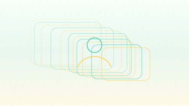 Minimalist looping animation featuring a stylized person icon surrounded by soft, overlapping geometric shapes in pastel colors, creating a sense of gentle movement and digital identity