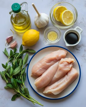 Ingredientes frescos para marinar pechugas de pollo crudas con lim&oacute;n, ajo, aceite de oliva y hierbas