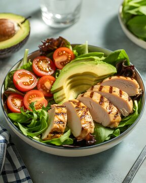 Ensalada fresca de pechuga de pollo a la parrilla con aguacate, tomates cherry y espinacas