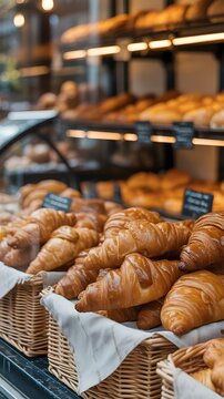 Cruasanes reci&eacute;n horneados en cestas de mimbre en el mostrador de una panader&iacute;a artesanal