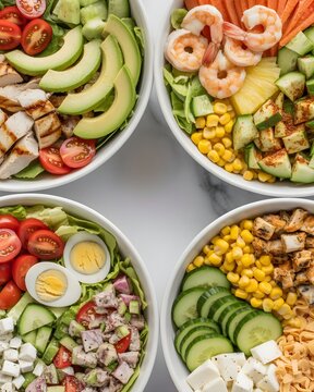 Variedad de cuatro tazones de ensalada saludable con pollo, camarones, aguacate y huevo cocido