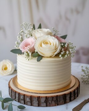 Pastel de bodas elegante decorado con crema de mantequilla y flores naturales sobre base de madera