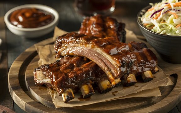 Costillas de cerdo a la barbacoa con salsa BBQ acompa&ntilde;adas de ensalada de col cole slaw en tabla de madera