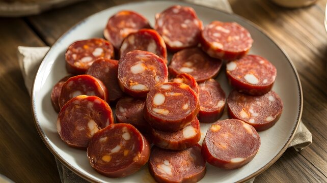 Rodajas de chorizo ib&eacute;rico servidas en un plato sobre mesa de madera r&uacute;stica