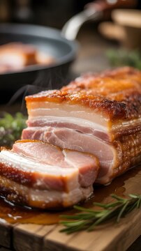 Panceta de cerdo asada con piel crujiente cortada en rodajas sobre tabla de madera