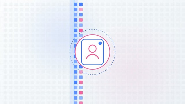Animated user profile icon pulsing on a digital grid background, representing social media interaction, data processing, and online identity in a clean, modern, and futuristic graphic concept