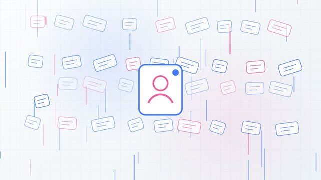 Digital animation of a social media user profile icon floating on a grid background surrounded by comment bubbles, representing online interaction, communication, and digital identity