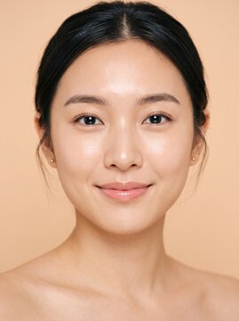 Young asian woman applying makeup highlighter on her face for a glowing skin look