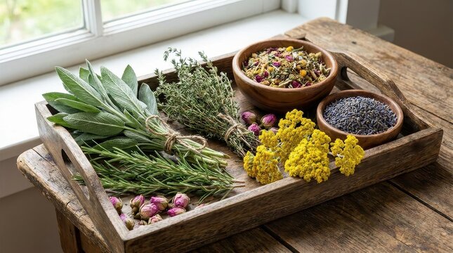 Fresh Herbs and Dried Flowers Photo Collection on Rustic Wooden Tray for Wellness Concept