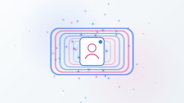 Seamless loop animation of a user profile icon surrounded by pulsating concentric lines and floating particles on a clean. Bright background