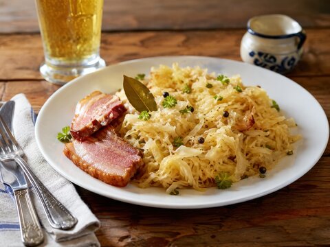 Sauerkraut mit Schweinebauch im deutschen Restaurant: Milder Krautklassiker mit ger&auml;uchertem Schweinebauch, Lorbeer und Wacholder, deftig auf wei&szlig;em Teller serviert.