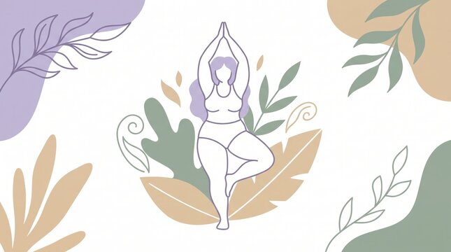 Plus size woman performs yoga tree pose surrounded by stylized botanical elements. Minimalist illustration promotes body positivity and wellness. Ideal for health and fitness blogs.