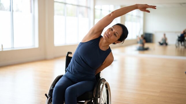 Woman in wheelchair performs side stretch during yoga class. Bright studio atmosphere promotes inclusivity and health. Ideal for wellness and accessibility content.