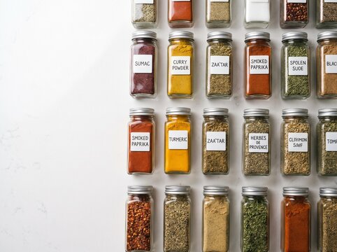 Minimalist overhead shot of small glass spice jars with colorful organic seasoning on white quartz surface