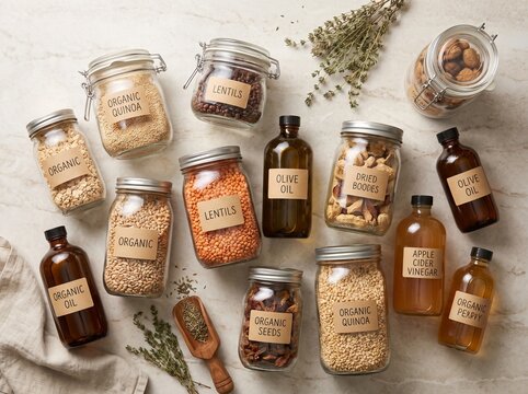 High-angle flat lay of various reusable glass jars and amber bottles with neat kraft labels on stone kitchen countertop