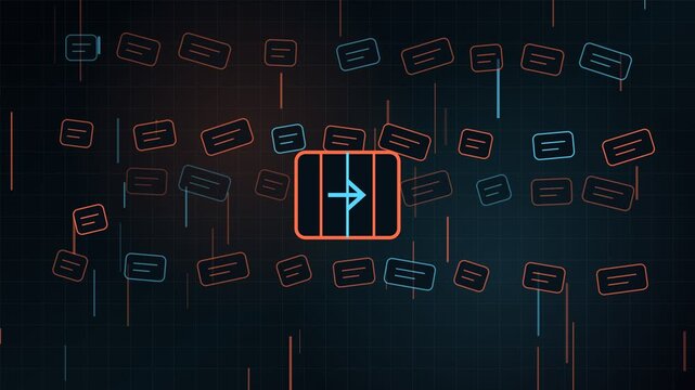 Digital animation of a central arrow icon navigating through a flow of abstract data packets on a dark grid background, symbolizing information processing, network communication, and technology