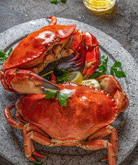 Whole cooked  crabs on white plate with lemon and beer. Top view © lblinova